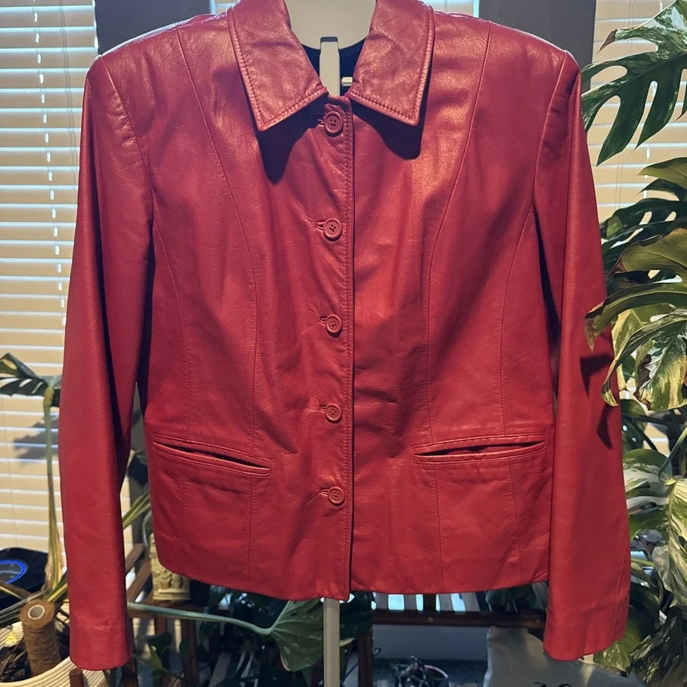Vintage Red Genuine Leather Button Down Blazer Jacket Collared‎ Women Large